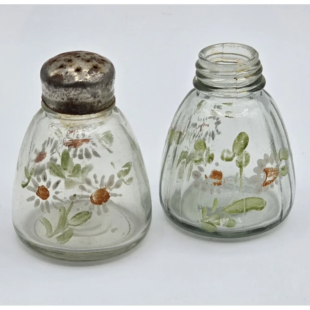 Vintage Hand Painted Daisy Floral Glass salt &‎ pepper shakers